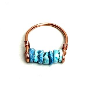 Hand Crafted Blue Heishi Beaded Copper Wire Line Ring NEW Size 6.5